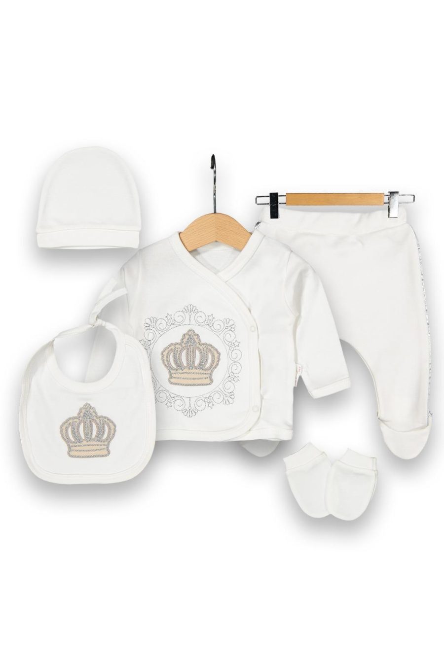 6103 gold Baby Girls Crown Embroidered Five Piece Set with Mittens, Bib & Hat (0-6M)