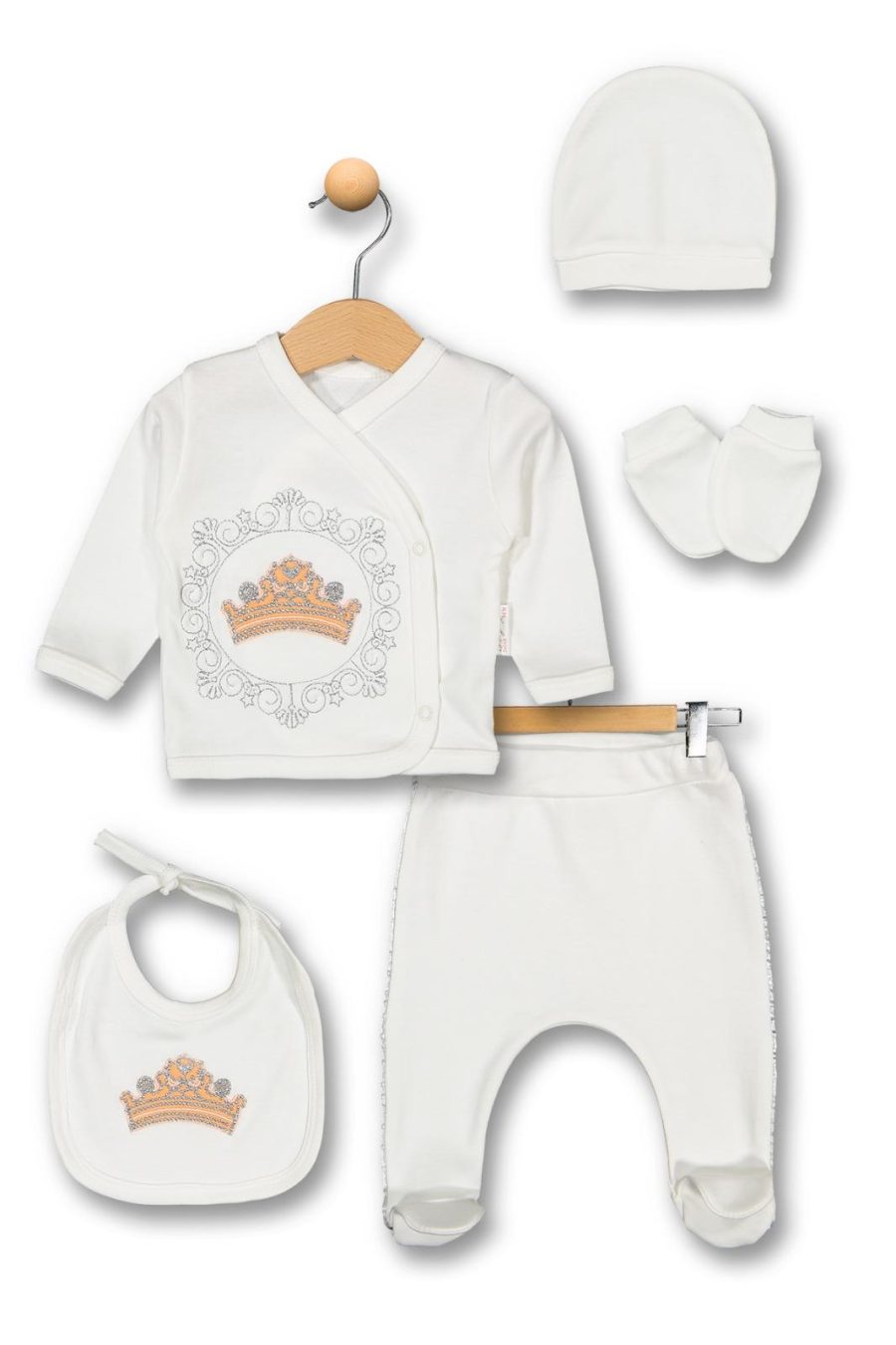 6103 orange Baby Girls Crown Embroidered Five Piece Set with Mittens, Bib & Hat (0-6M)