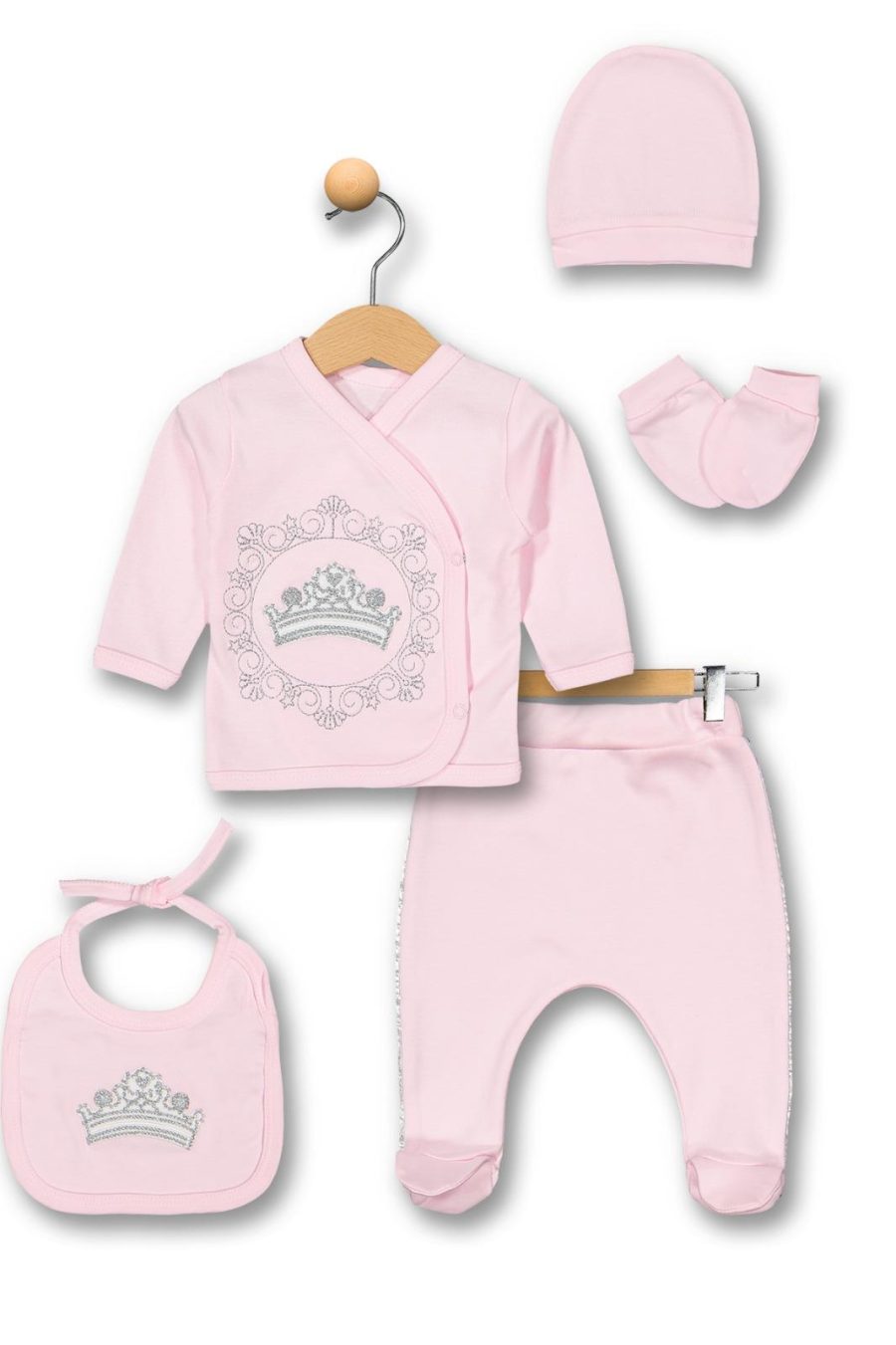 6103 pink Baby Girls Crown Embroidered Five Piece Set with Mittens, Bib & Hat (0-6M)