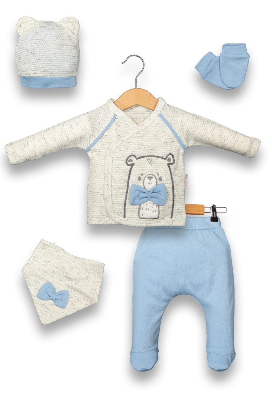6121 Baby Boys Teddy Bear Embroidered Five Piece Set with Mittens, Bib & Hat (0-6M)