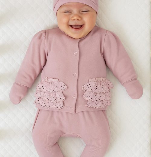 Baby Girls Frilly Five Piece Set with Mittens, Bib & Hat (0-6M)