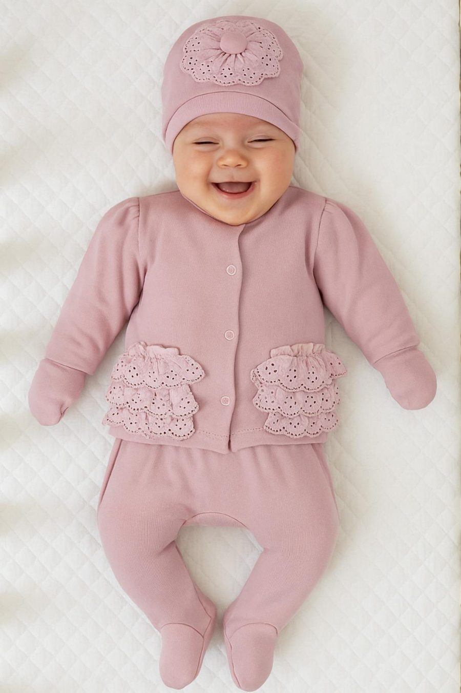 6220 rose Baby Girls Frilly Five Piece Set with Mittens, Bib & Hat (0-6M)