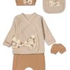 6221 beige Baby Girls Printed Bow Five Piece Set with Mittens, Bib & Hat (0-6M)
