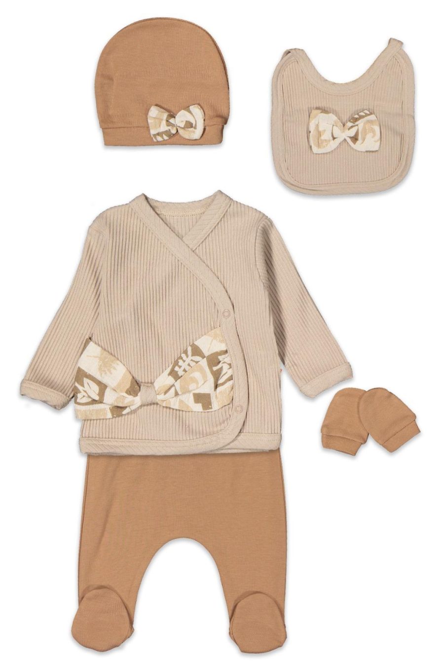 6221 beige Baby Girls Printed Bow Five Piece Set with Mittens, Bib & Hat (0-6M)
