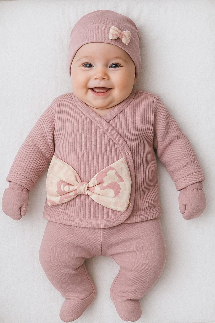 6221 pink Baby Girls Printed Bow Five Piece Set with Mittens, Bib & Hat (0-6M)