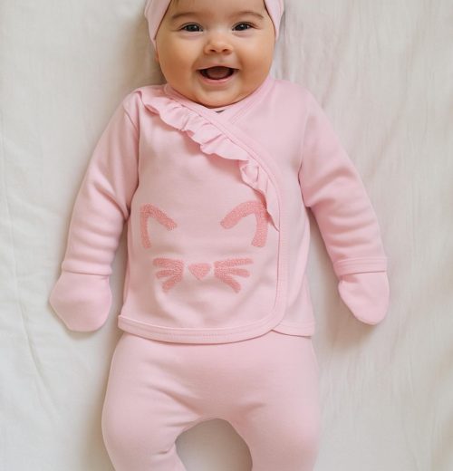 Baby Girls Frilly Kitty Embossed Five Piece Set with Mittens, Bib & Hat (0-6M)