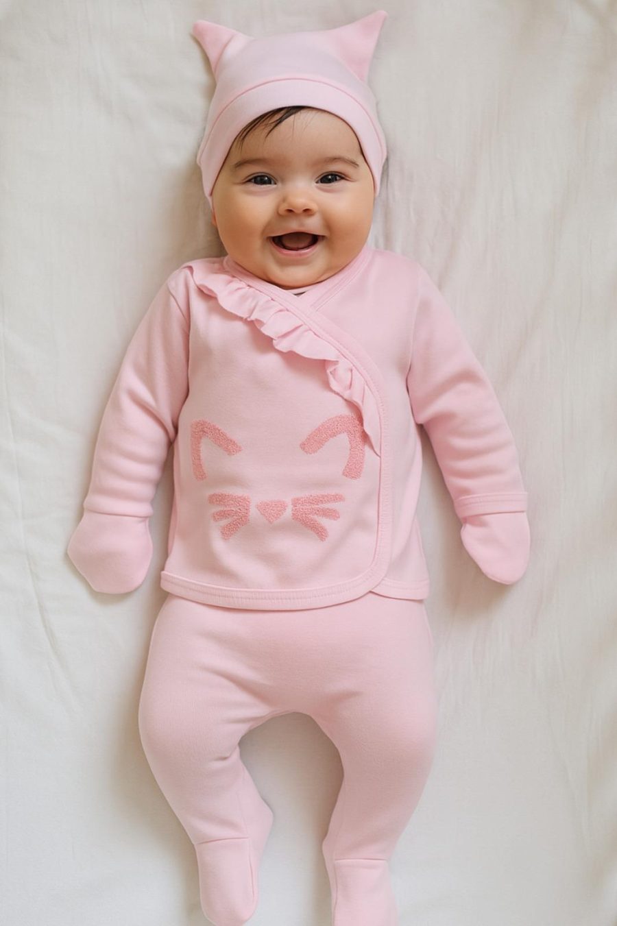 6225 Baby Girls Frilly Kitty Embossed Five Piece Set with Mittens, Bib & Hat (0-6M)
