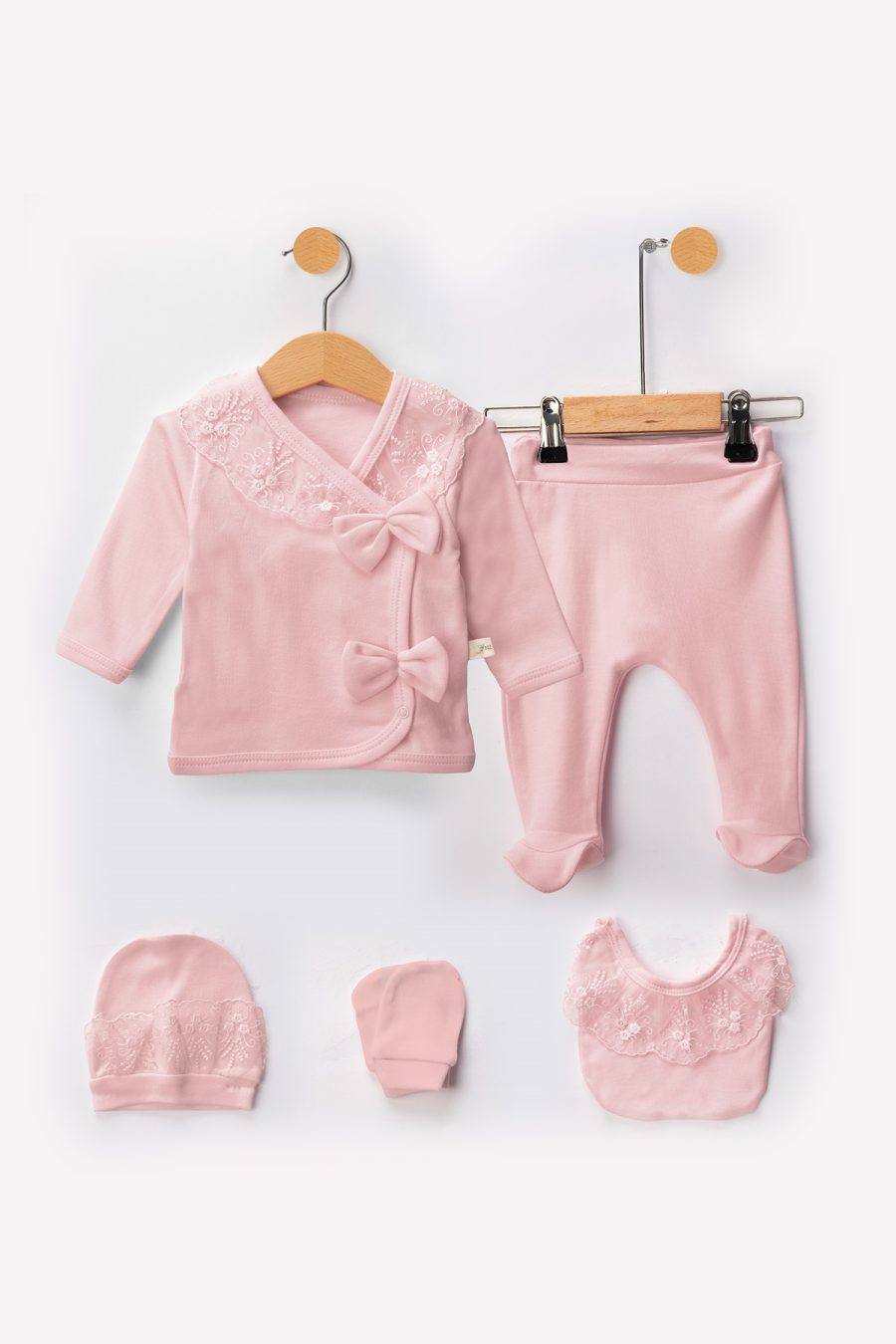 2039 Baby Girls Frilly Five Piece Double Bow Frilly Lace Set with Mittens, Bib & Hat (0-6M)