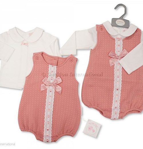 Baby Girls Two Piece Romper Set with Lace and Bow (0-6M)