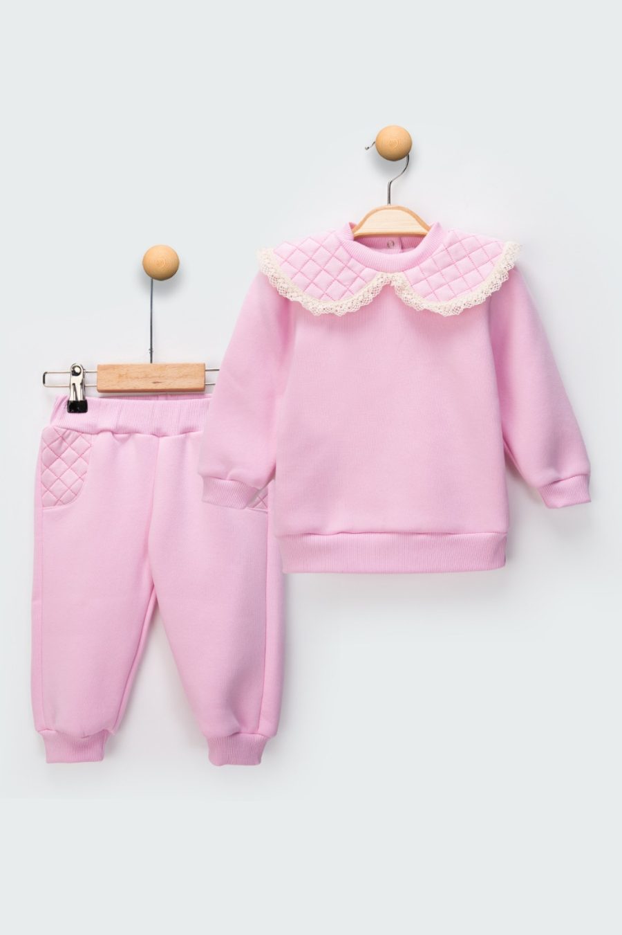 2473 pink Baby Girls Two Piece Cross Stitch Frilly Collar Tracksuit (9-24M)