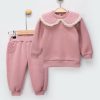 2473 rose Baby Girls Two Piece Cross Stitch Frilly Collar Tracksuit (9-24M)
