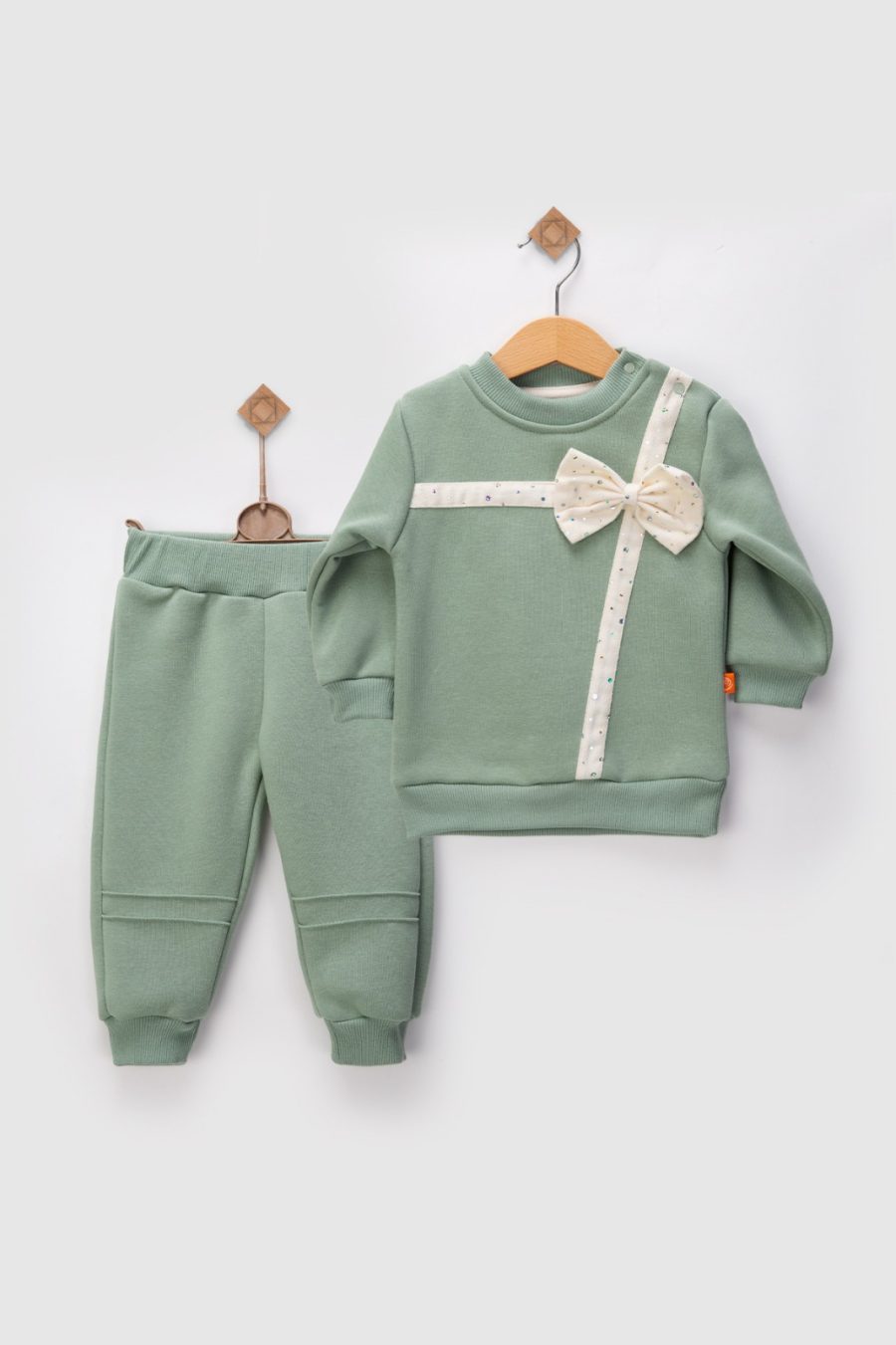 2488 green Baby Girls Two Piece Glitter Bow Tracksuit (9-24M)