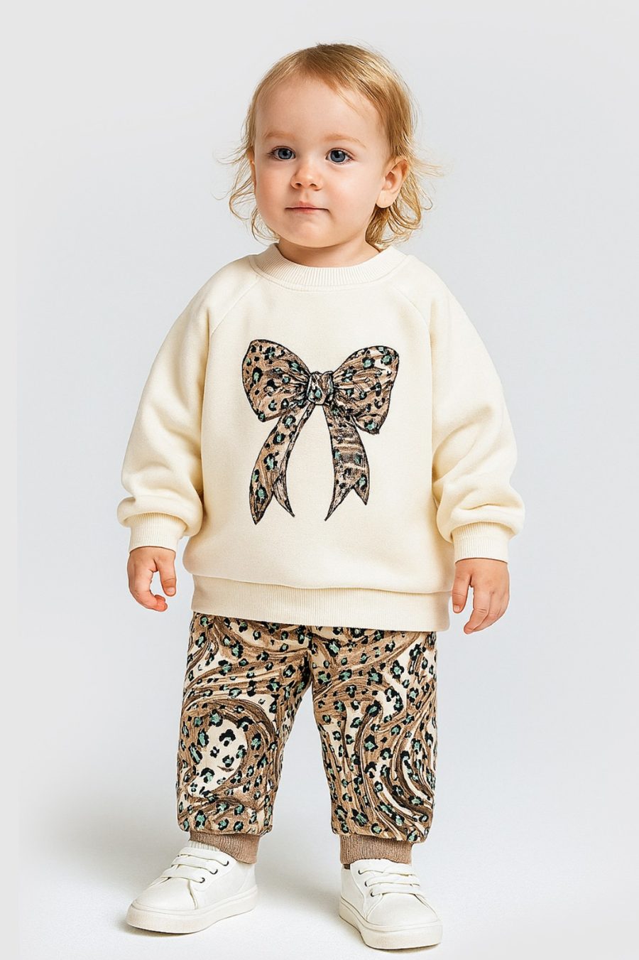 2494 gold Baby Girls Two Piece Leopard Glitter Bow Tracksuit (9-24M)