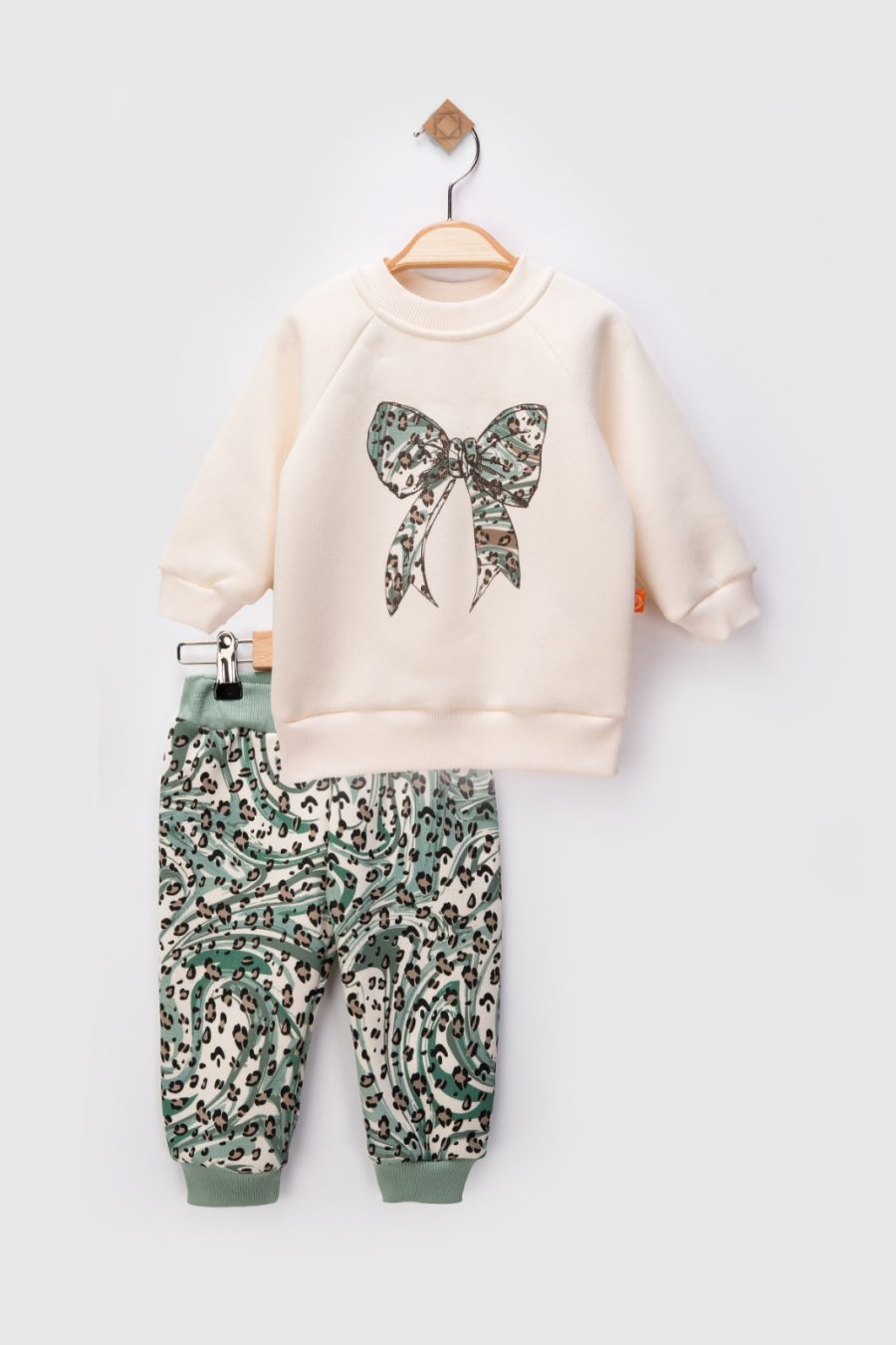 2494 green Baby Girls Two Piece Leopard Glitter Bow Tracksuit (9-24M)