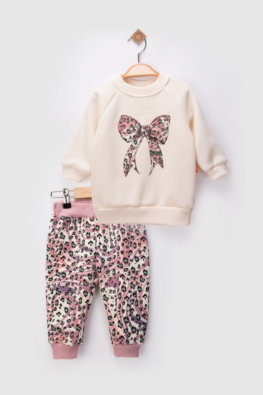 2494 pink Baby Girls Two Piece Leopard Glitter Bow Tracksuit (9-24M)