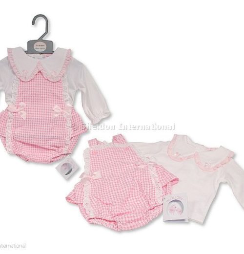 Baby Girls Two Piece Short Dungaree Set with Lace and Bows (0-6M)