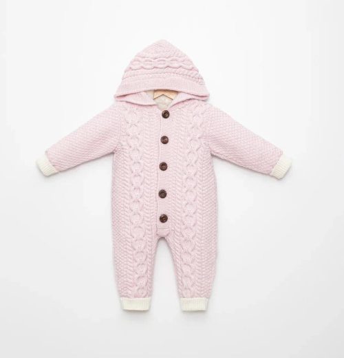Baby Girls All in One Knitted Cable Knit Fur Lined Hooded Romper  (3-12M)