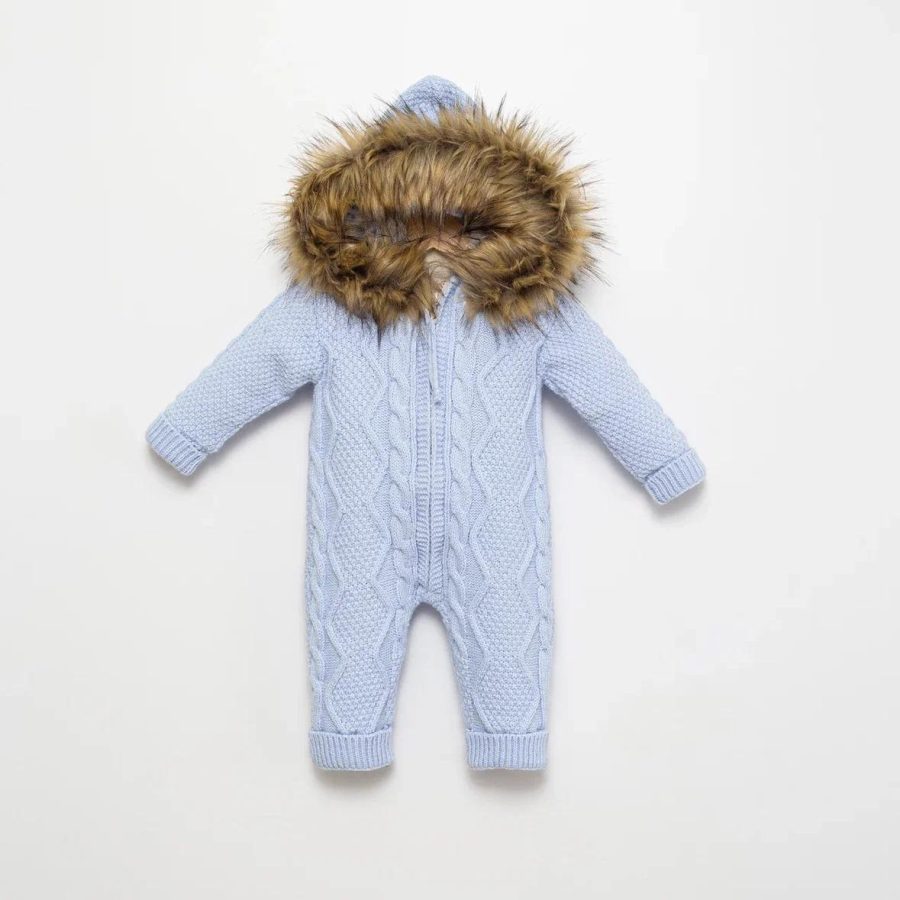 4125.blue Baby Boys All in One Knitted Cable Knit Fur Lined Hooded Romper with Fur Trim Hood (3-12M)