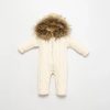 4125.cream Babies All in One Knitted Cable Knit Fur Lined Hooded Romper with Fur Trim Hood (3-12M)