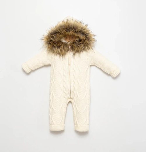 Babies All in One Knitted Cable Knit Fur Lined Hooded Romper with Fur Trim Hood (3-12M)