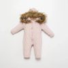 4125.pink Baby Girls All in One Knitted Cable Knit Fur Lined Hooded Romper with Fur Trim Hood (3-12M)