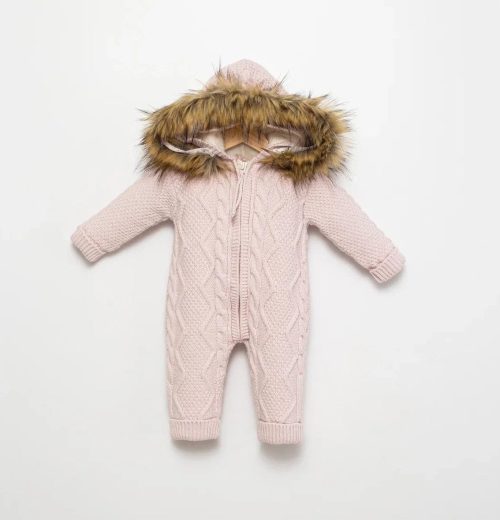Baby Girls All in One Knitted Cable Knit Fur Lined Hooded Romper with Fur Trim Hood (3-12M)