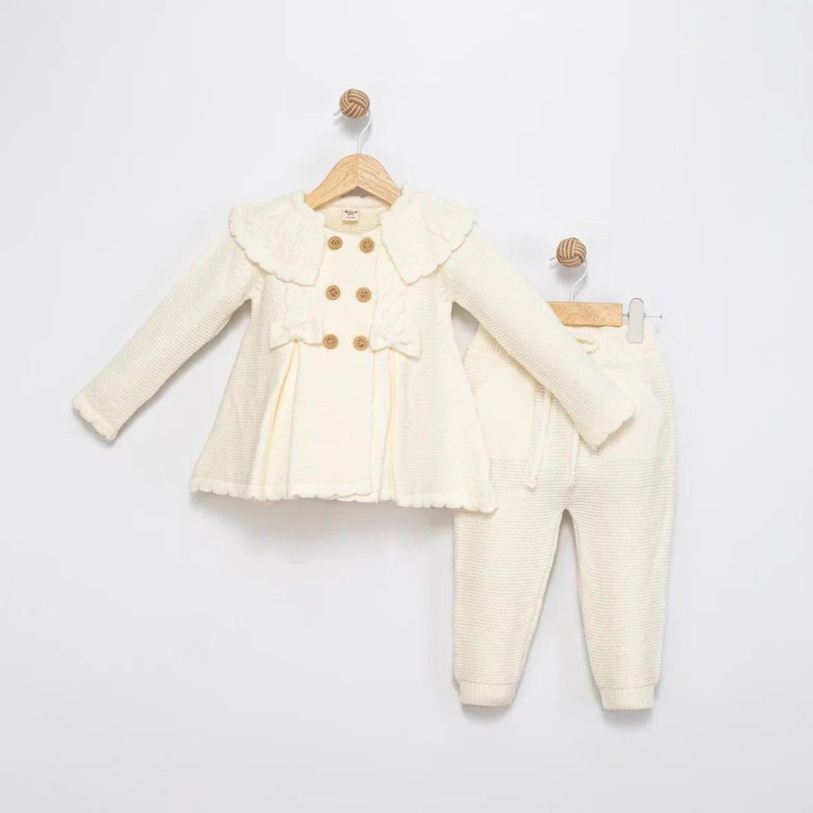 4142 CREAM Baby Girls Two Piece Double Bow Frilly Knitted Outfit (6-36M)
