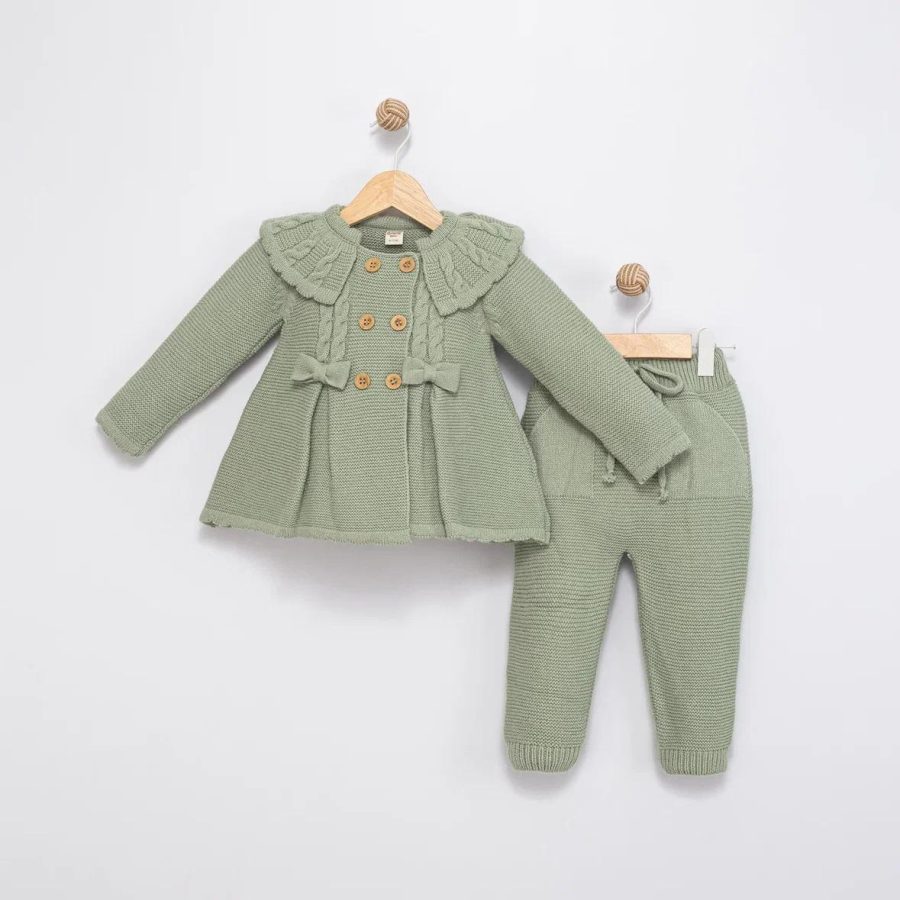 4142 GREEN Baby Girls Two Piece Double Bow Frilly Knitted Outfit (6-36M)