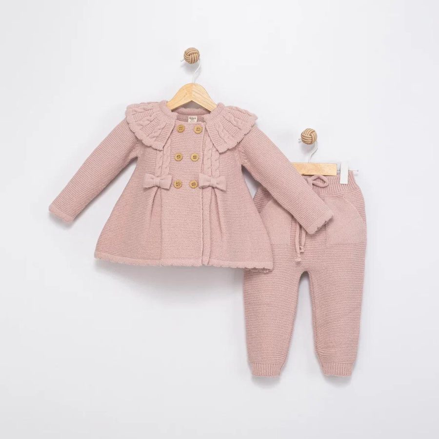 4142 PINK Baby Girls Two Piece Double Bow Frilly Knitted Outfit (6-36M)