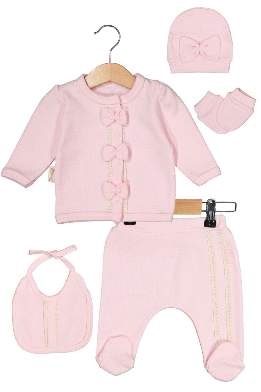 6154 Baby Girls Frilly Five Piece Triple Bow Embossed Set with Mittens, Bib & Hat (0-6M)