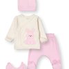 6226 pink Baby Girls Frilly Five Piece Bunny Set with Mittens, Bib & Hat (0-6M)