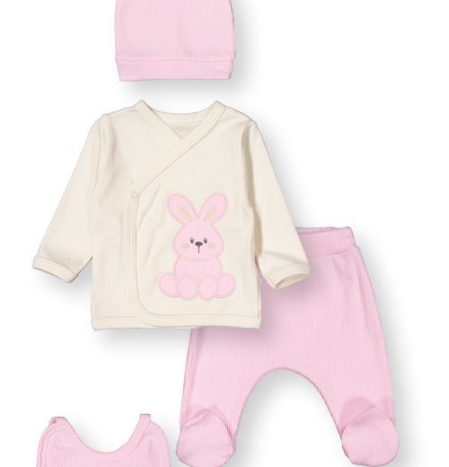 Baby Girls Frilly Five Piece Bunny Set with Mittens, Bib & Hat (0-6M)