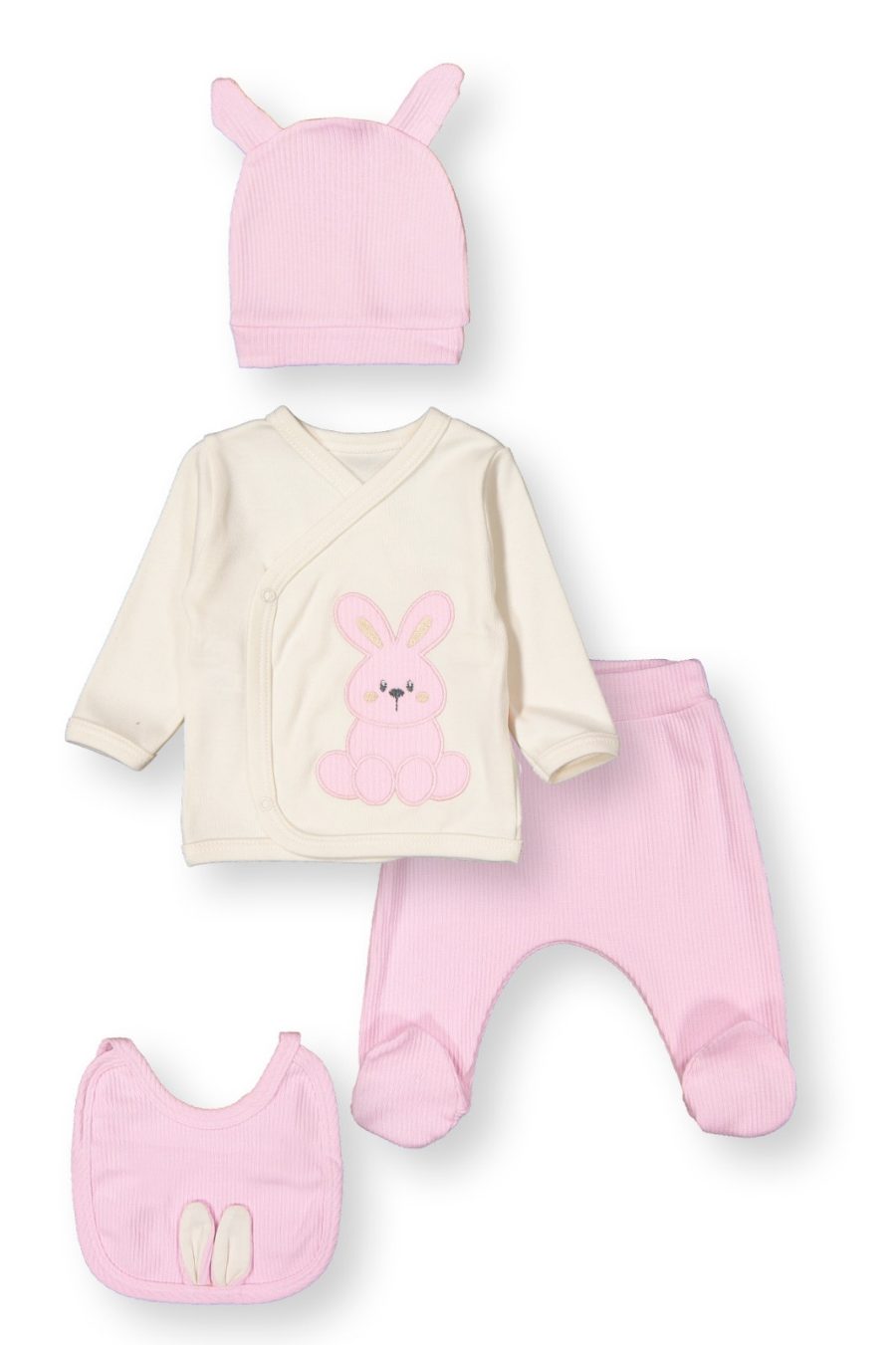 6226 pink Baby Girls Frilly Five Piece Bunny Set with Mittens, Bib & Hat (0-6M)