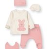 6226 rose Baby Girls Frilly Five Piece Bunny Set with Mittens, Bib & Hat (0-6M)