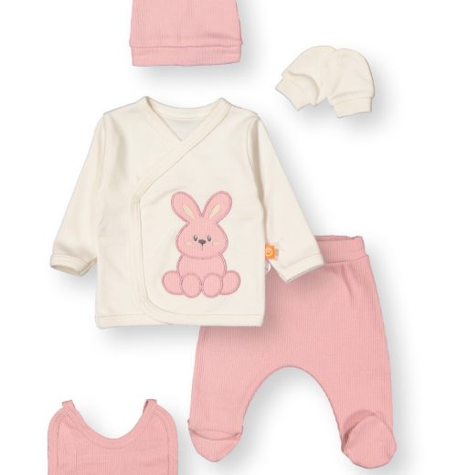 Baby Girls Frilly Five Piece Bunny Set with Mittens, Bib & Hat (0-6M)