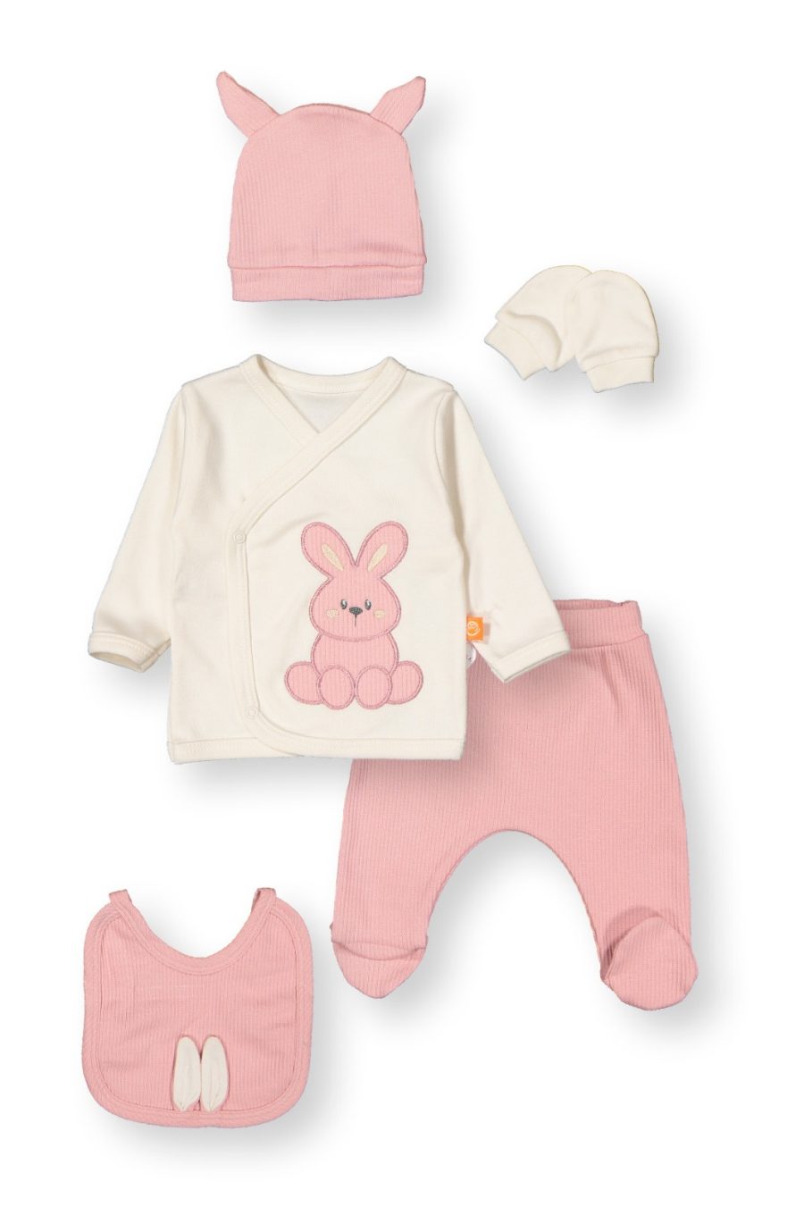 6226 rose Baby Girls Frilly Five Piece Bunny Set with Mittens, Bib & Hat (0-6M)