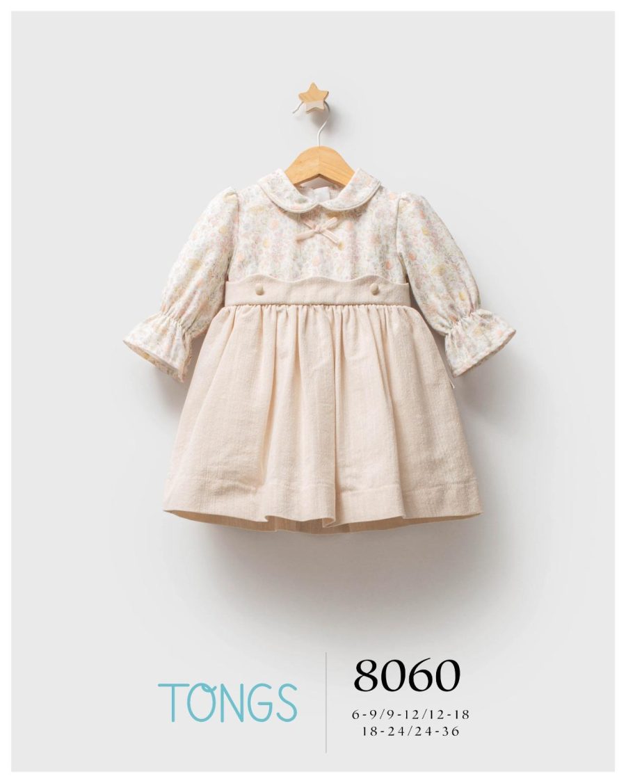8060 beige 1 Baby Girls Spanish Floral Bow Dress (6-36M)