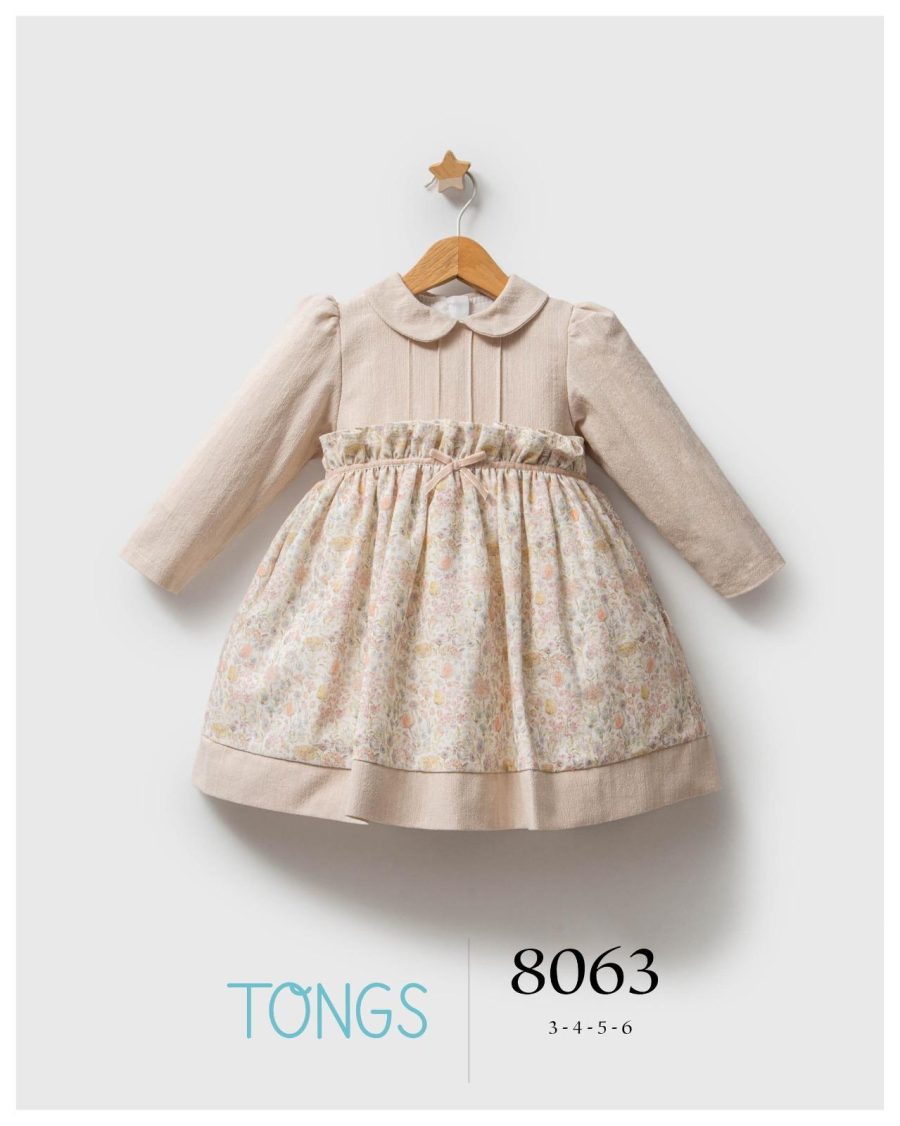 8063 beige Girls Spanish Floral Bow Dress (3-6Y)
