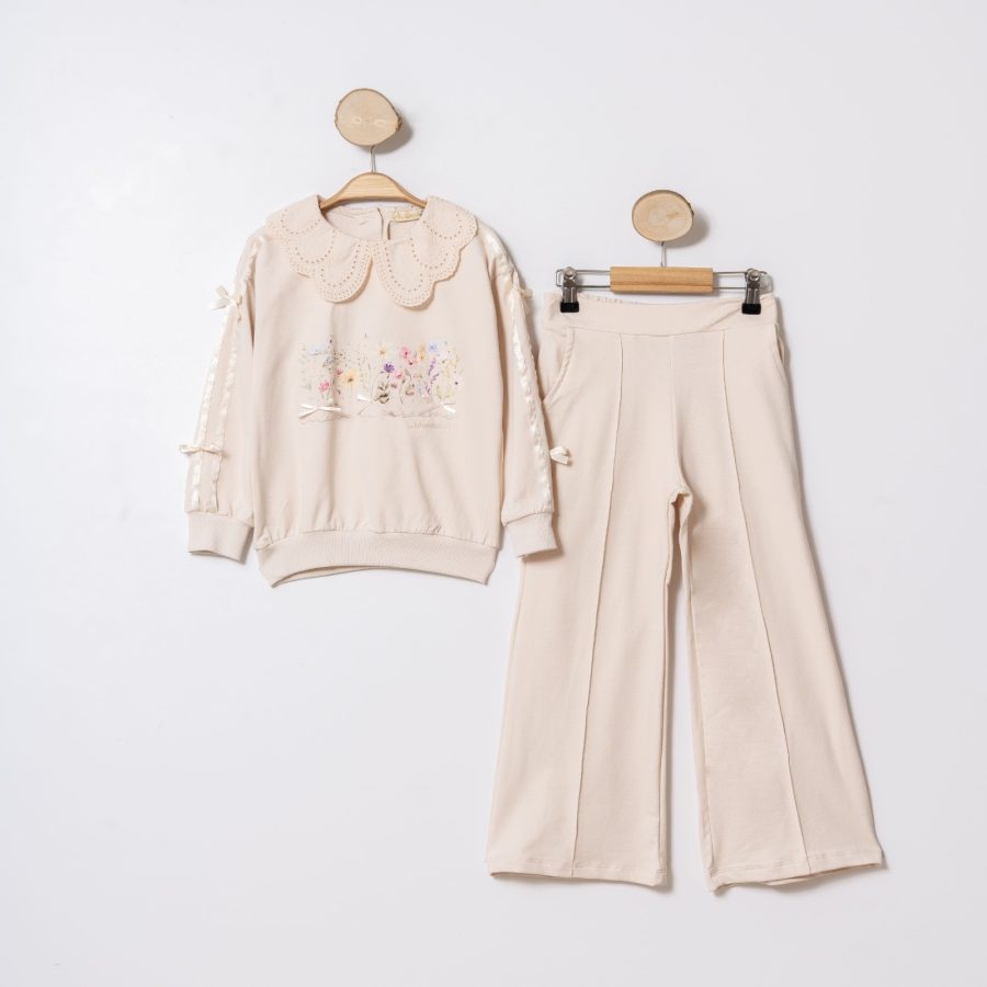 52002 beige Girls Floral Diamante Bow Sleeve Lace Collar Lounge Wear Set (4-7Y)