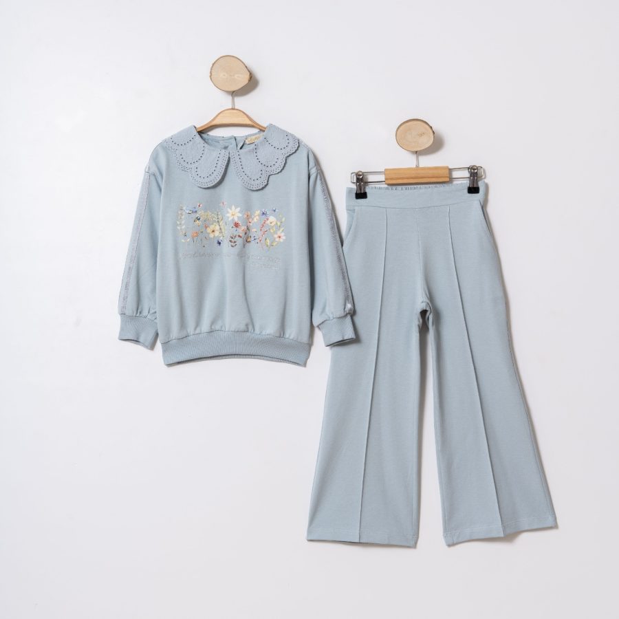 52002 blue Girls Floral Diamante Bow Sleeve Lace Collar Lounge Wear Set (4-7Y)