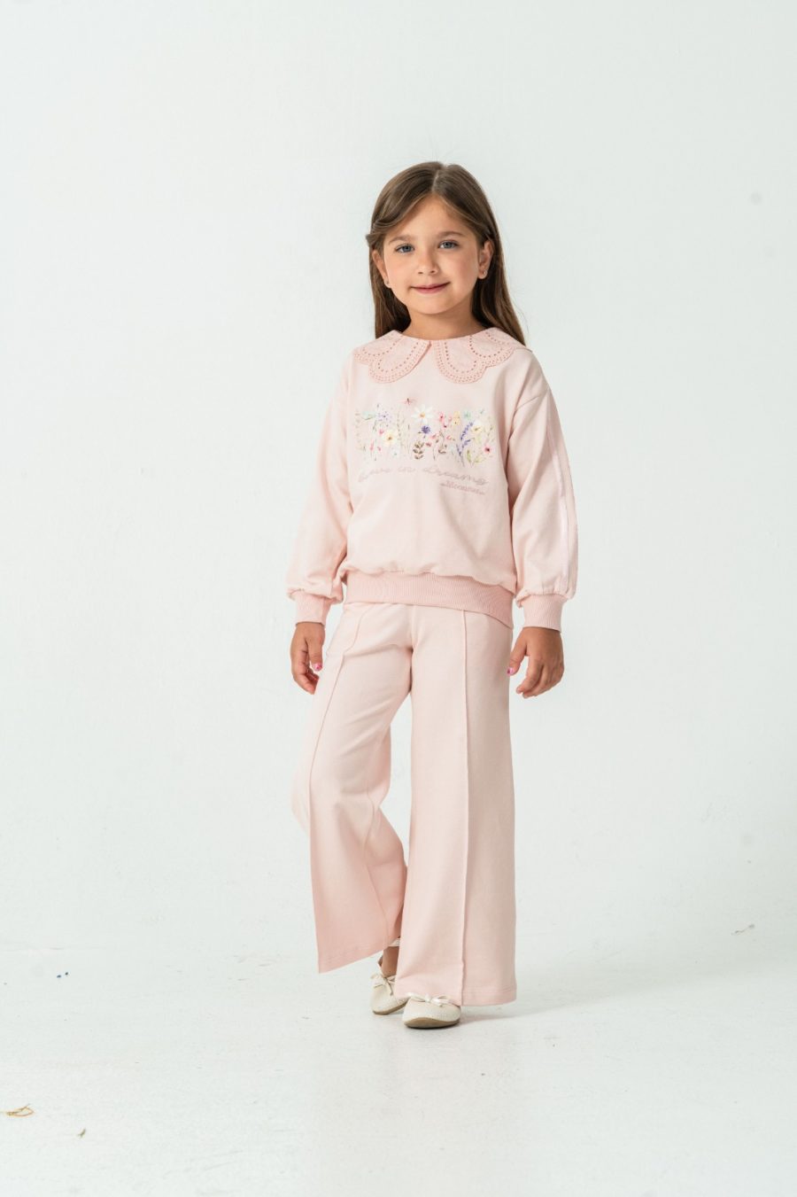 52002 pink Girls Floral Diamante Bow Sleeve Lace Collar Lounge Wear Set (4-7Y)