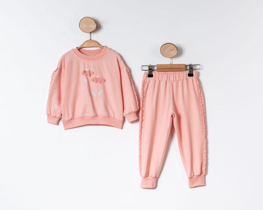 52017 pink Baby Girls Petal Flower Frilly Trim Lounge Wear Set (9-24M)