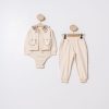 52019 beige Baby Girls Three Piece Check Trim Romper Set (9-24M)