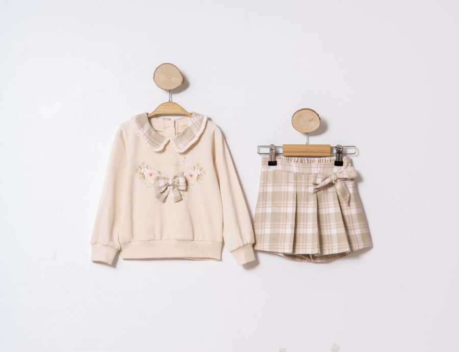 52031 beige Baby Girls Two Piece Floral Bow Top & Tartan Skirt Set (9-24M)