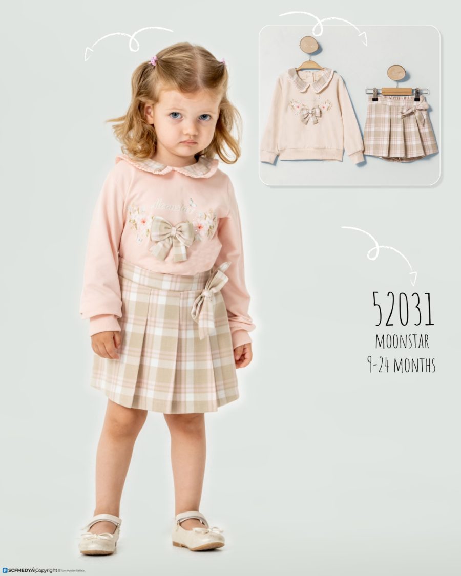 52031 pink Baby Girls Two Piece Floral Bow Top & Tartan Skirt Set (9-24M)
