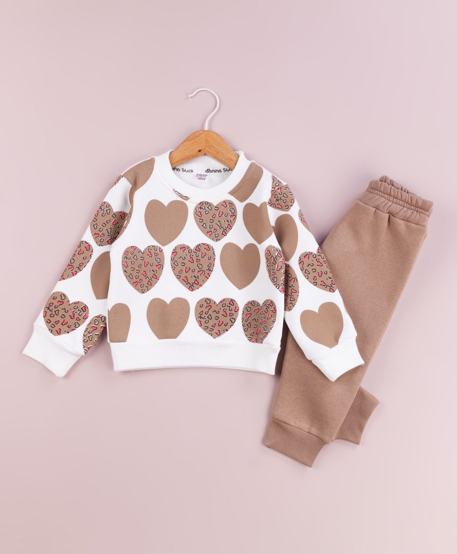 60340 brown scaled Baby Girls Two Piece Heart Print Tracksuit (6-24M)