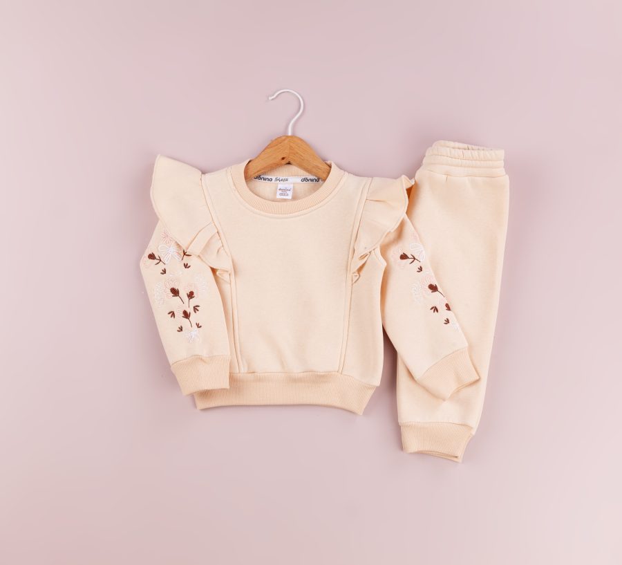 60378 beige scaled Baby Girls Two Piece Frilly Floral Embroidered Sleeve Tracksuit (6-24M)