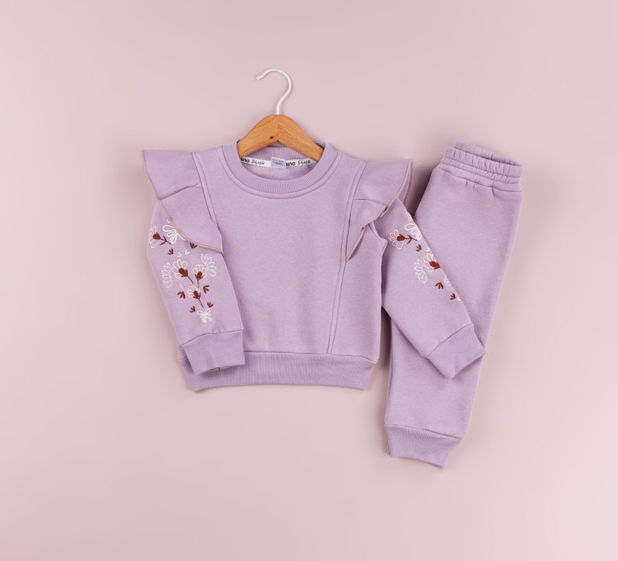 60378 lilac scaled Baby Girls Two Piece Frilly Floral Embroidered Sleeve Tracksuit (6-24M)