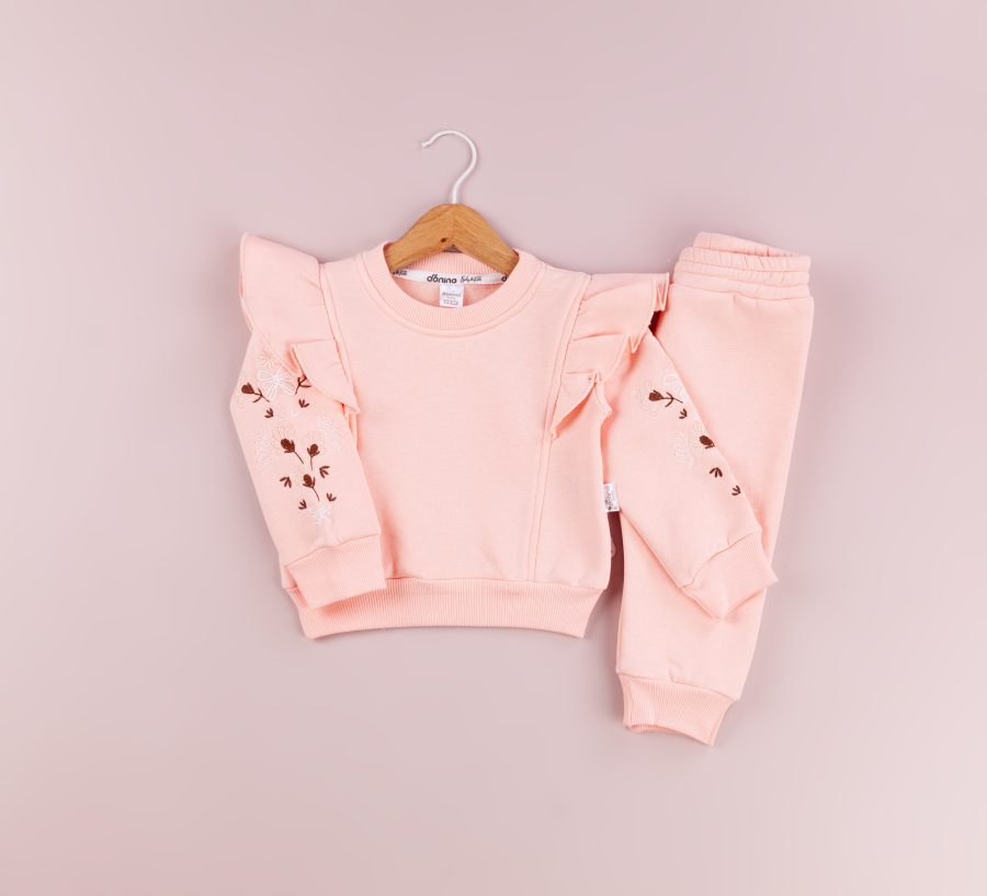 60378 pink scaled Baby Girls Two Piece Frilly Floral Embroidered Sleeve Tracksuit (6-24M)