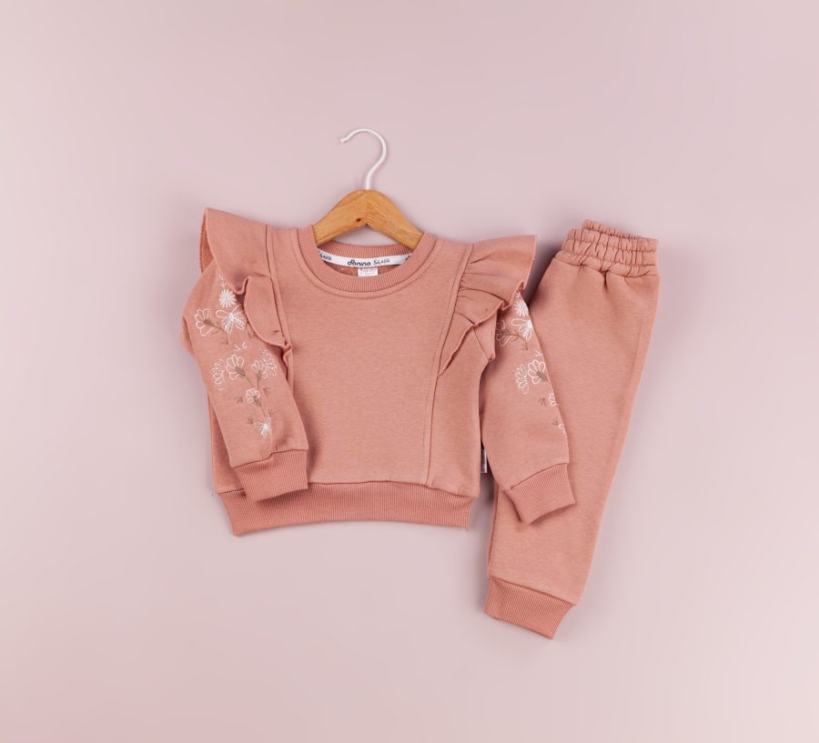 60378 rose scaled Baby Girls Two Piece Frilly Floral Embroidered Sleeve Tracksuit (6-24M)